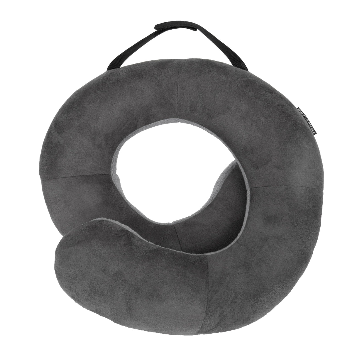 Travelon wrap-n-rest pillow front view showing U-shape and neutral colors for travel convenience