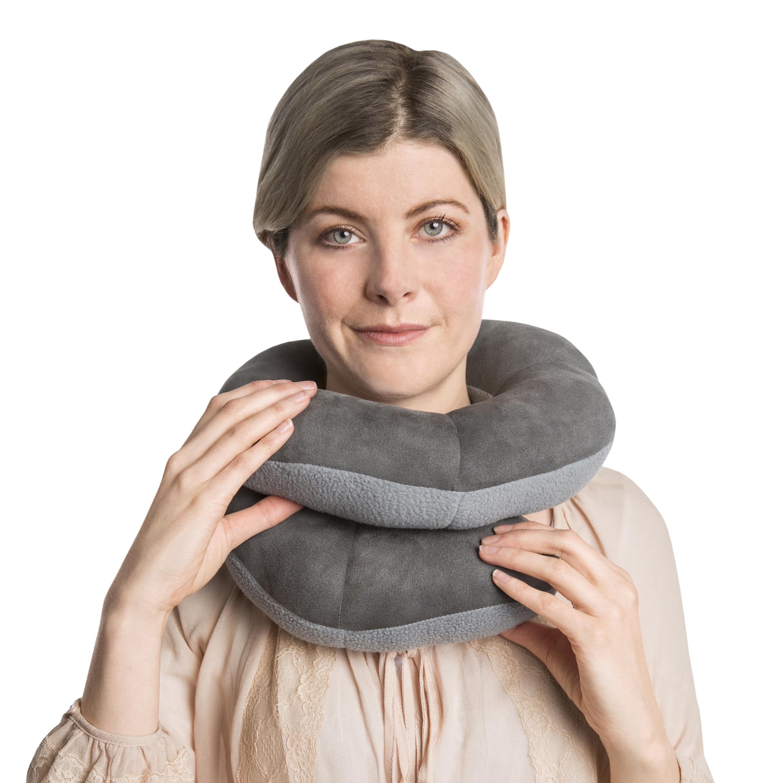 Travelon pillow used for reclining support on an airplane seat improving head alignment