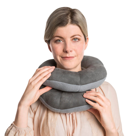 Travelon pillow used for reclining support on an airplane seat improving head alignment