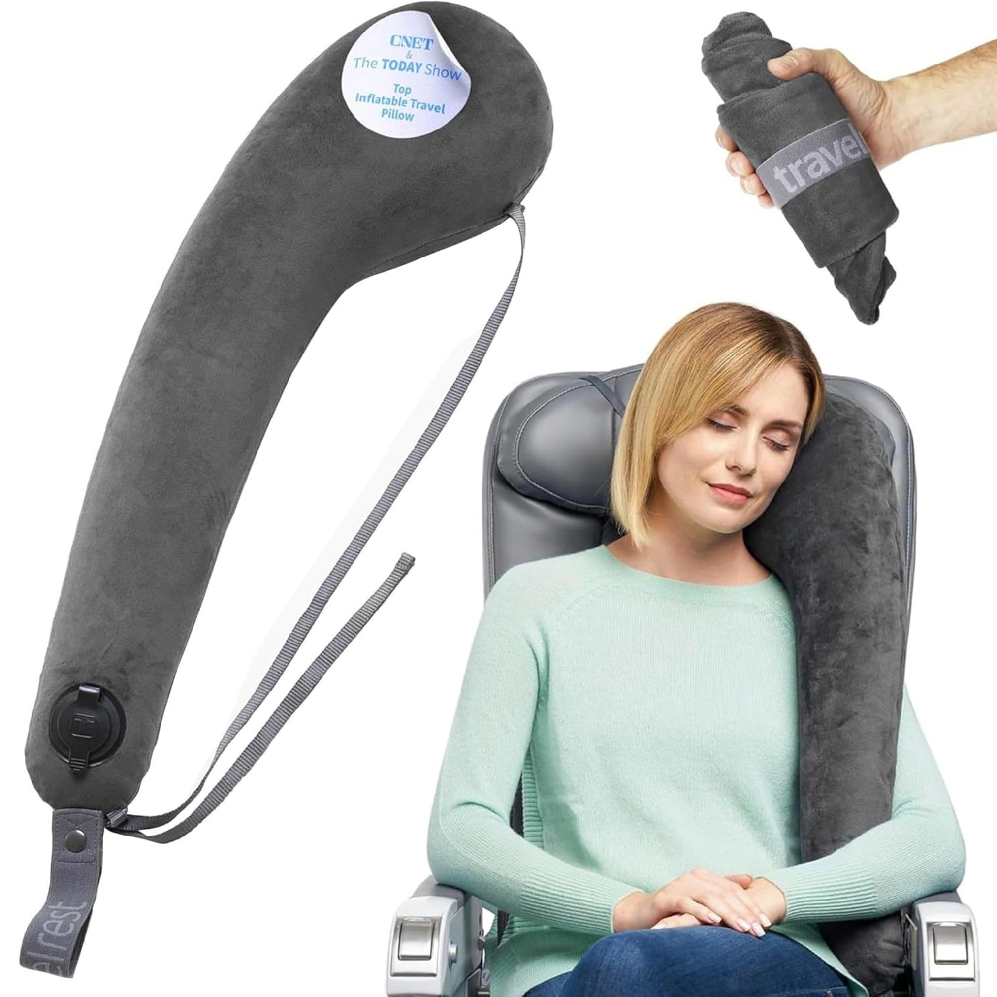 TRAVELREST front view showing compact grey pillow and branding comfort