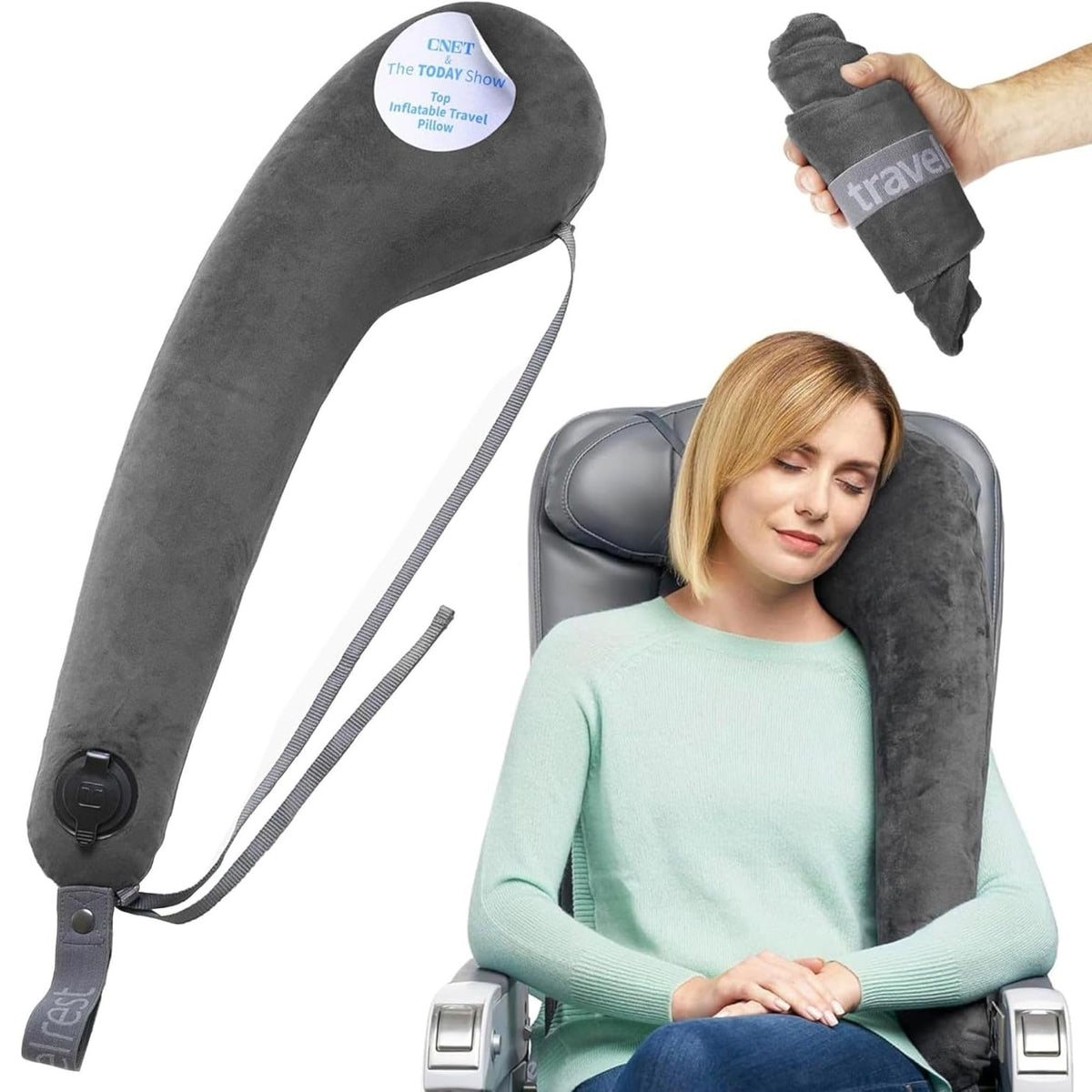 TRAVELREST front view showing compact grey pillow and branding comfort