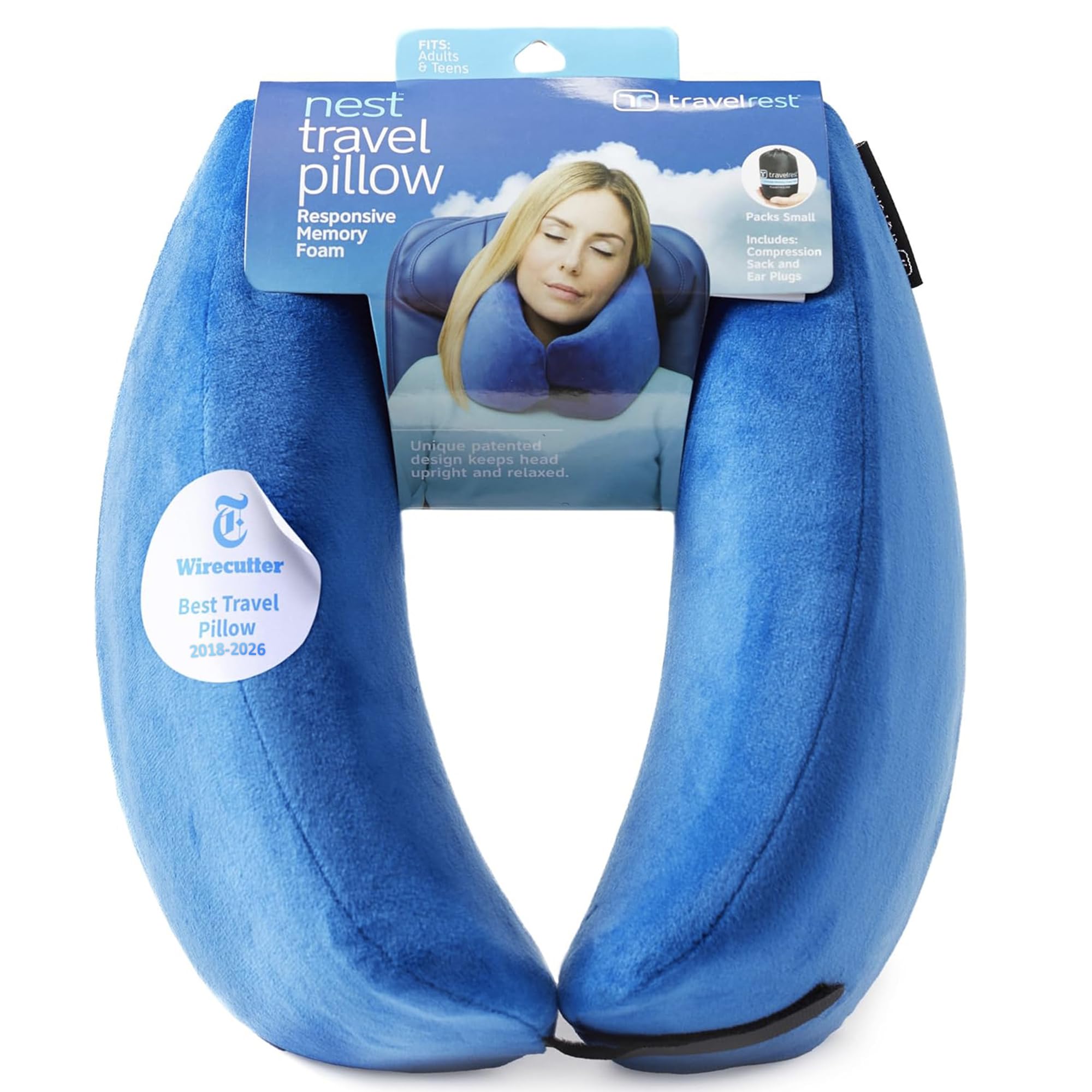 TRAVELREST front view of blue Nest pillow showing shape and comfort