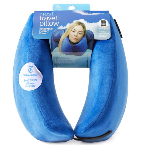TRAVELREST front view of blue Nest pillow showing shape and comfort