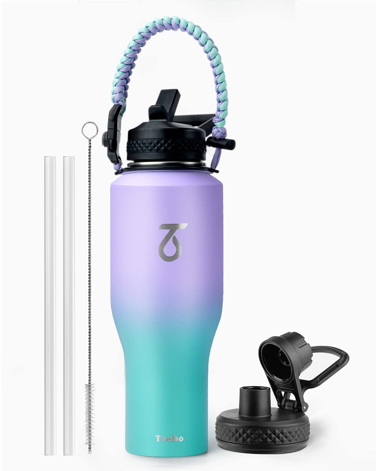 Trebo front view showing slim 40 oz bottle and label, convenient for travel