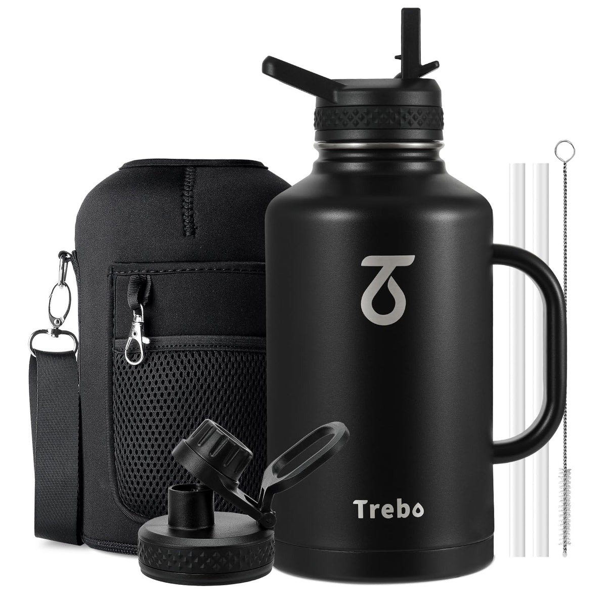 Trebo bottle front view showing durable finish and large capacity benefit