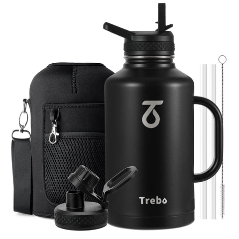 Trebo bottle front view showing durable finish and large capacity benefit