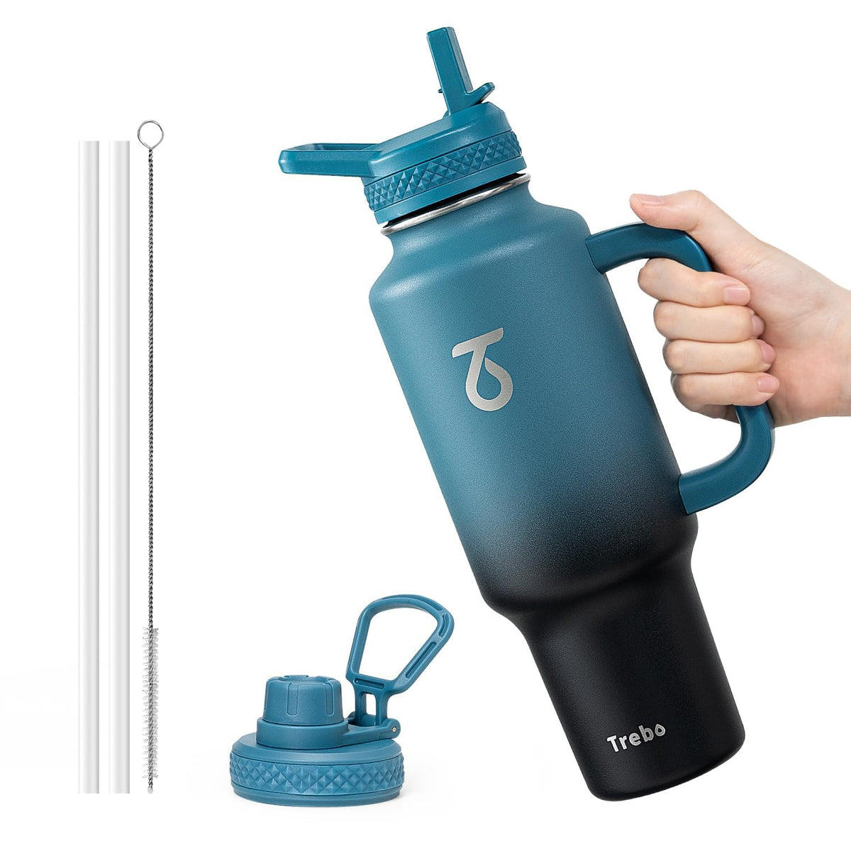 Trebo front view of 40 oz bottle showing logo and shape—portable hydration advantage