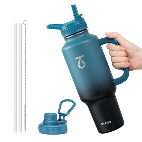 Trebo front view of 40 oz bottle showing logo and shape—portable hydration advantage