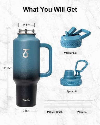 Trebo next to a standard water glass to show 40 oz capacity and scale