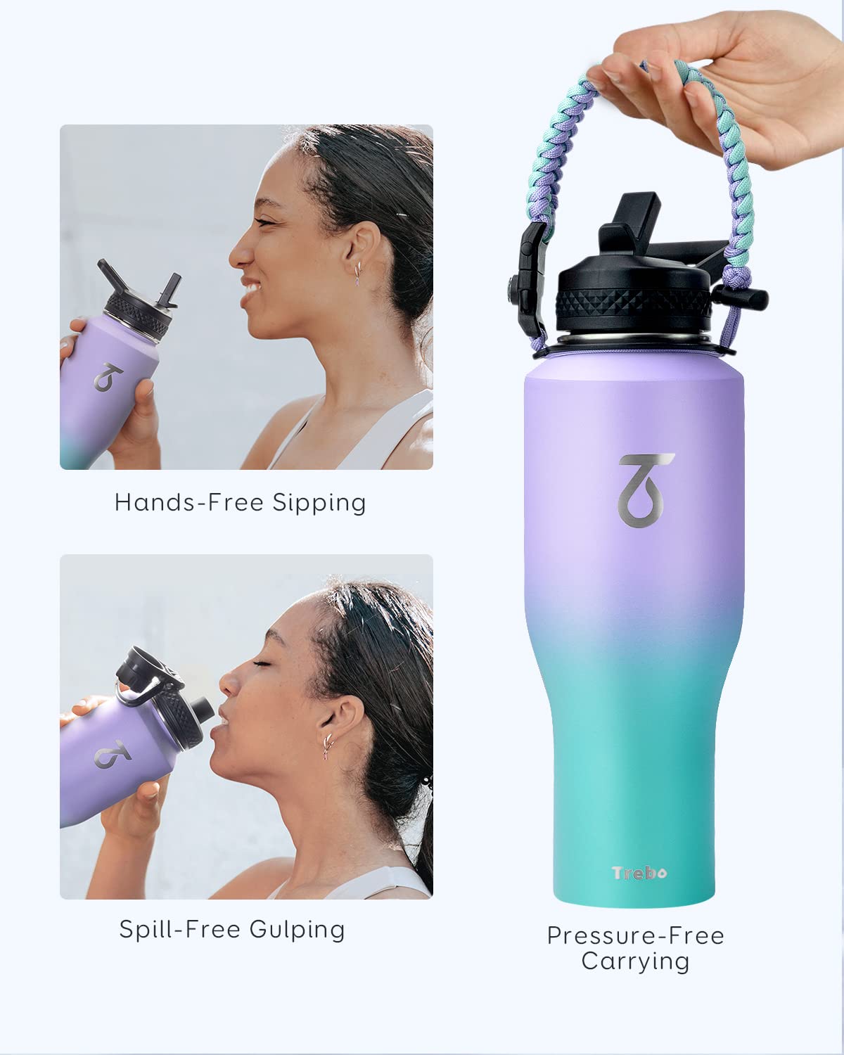 Trebo wide-mouth spout open to show easy filling and ice cube access