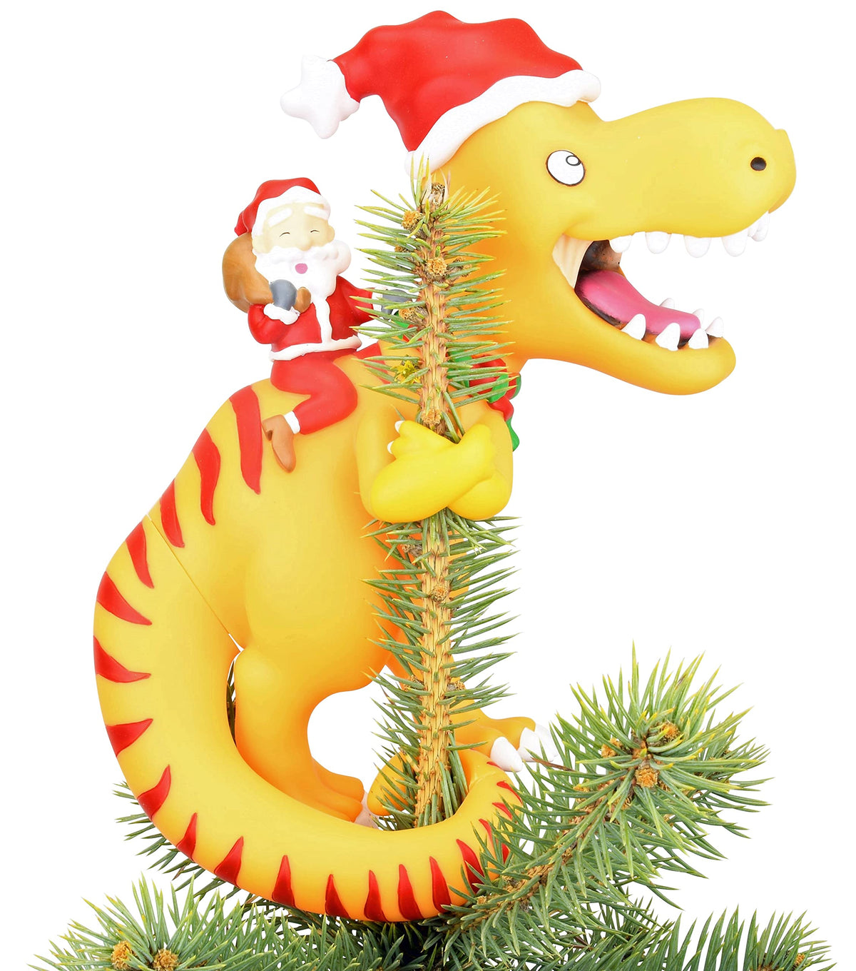 Tree Buddees front view of Santa riding T-Rex topper showing playful design and balance