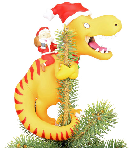 Tree Buddees front view of Santa riding T-Rex topper showing playful design and balance