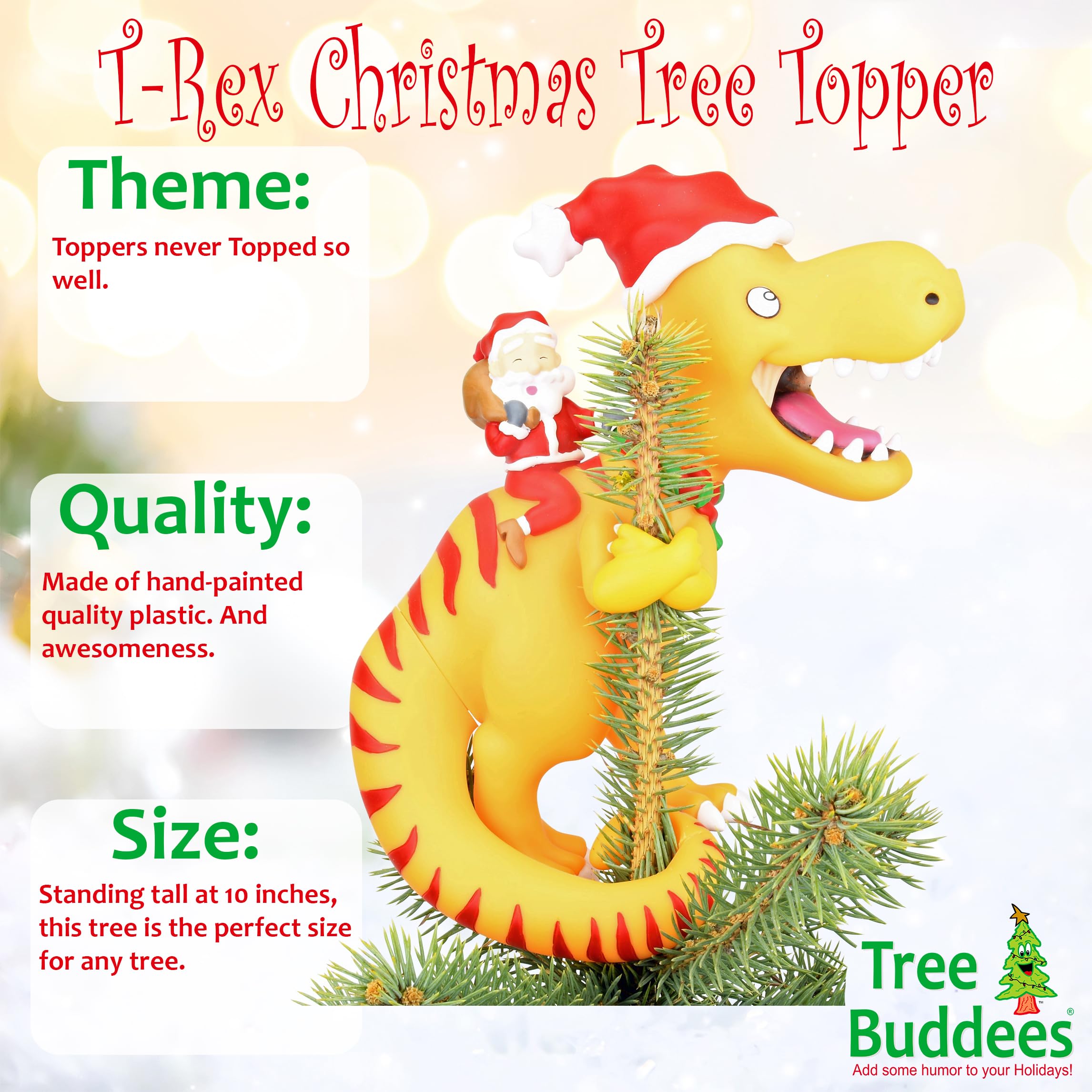 Tree Buddees side profile of the topper highlighting Santa and dinosaur silhouette for visibility