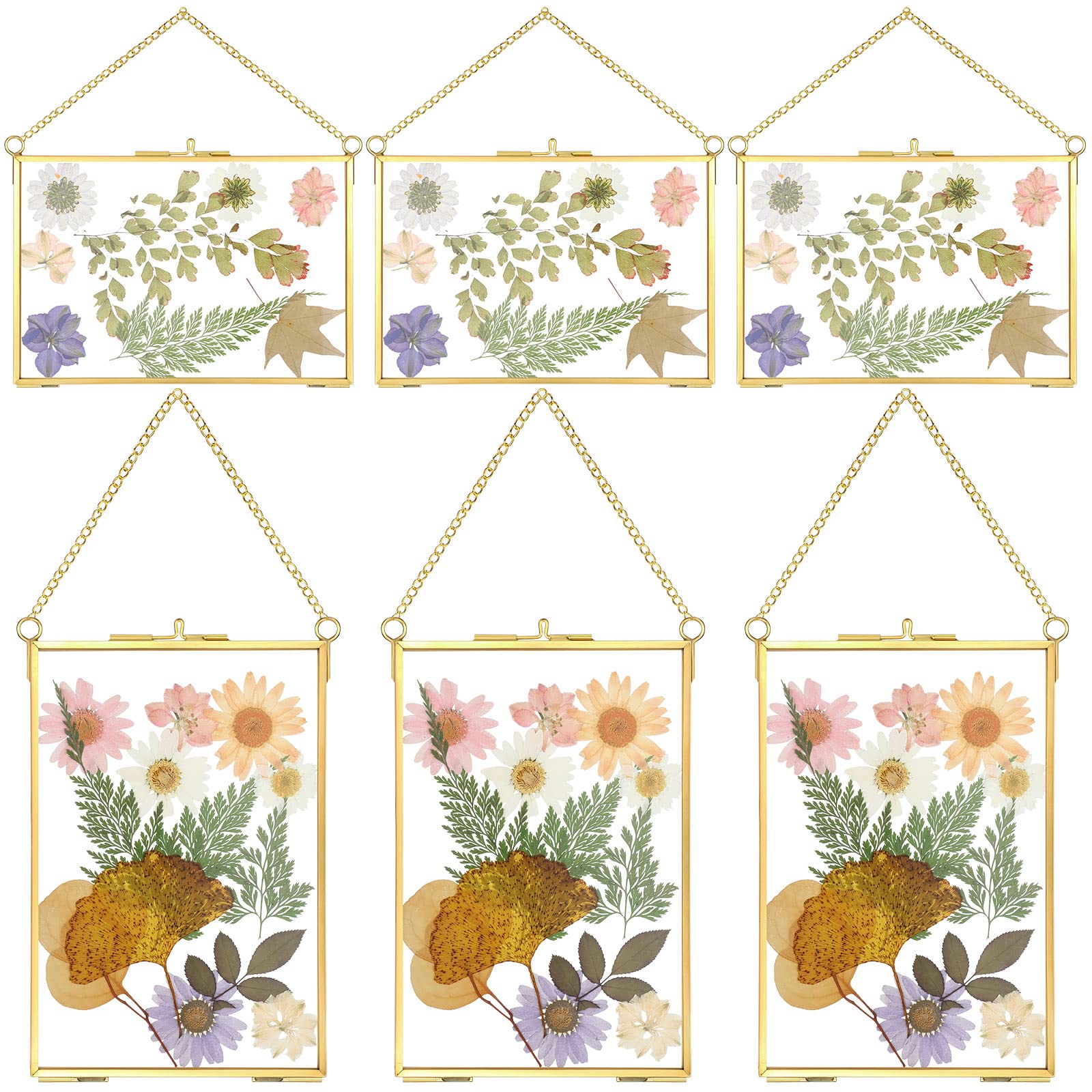 Treela front view gold double glass frame showing suspended keepsake and elegant display