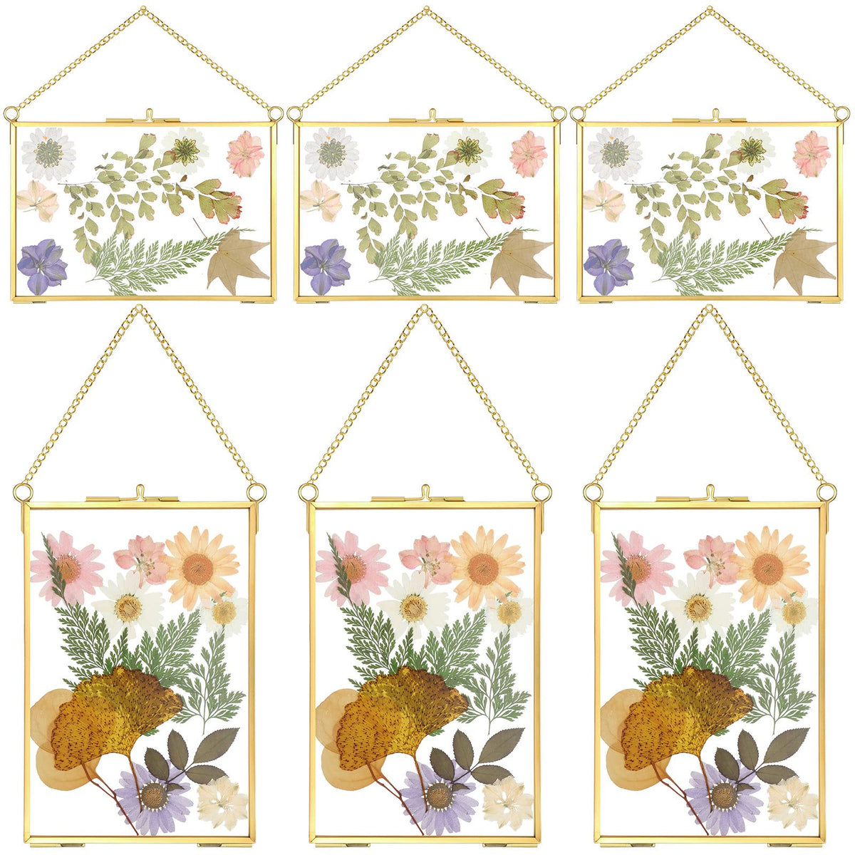 Treela front view gold double glass frame showing suspended keepsake and elegant display