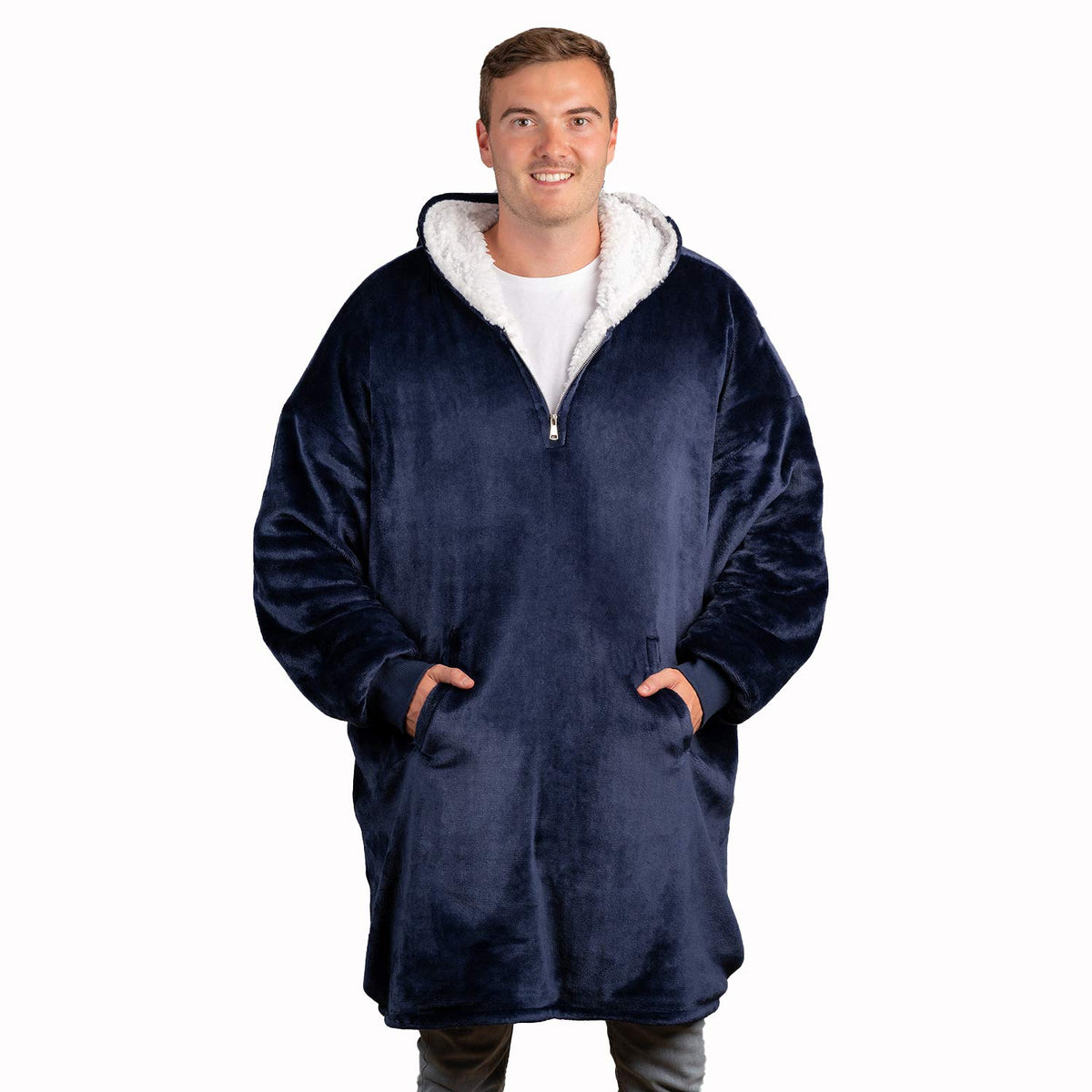 trekki front view of oversized wearable blanket hoodie showing full length and fit