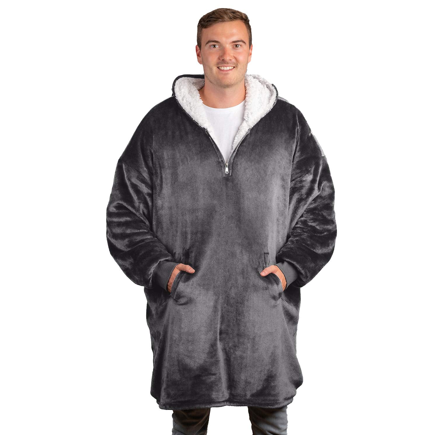 trekki front view of wearable blanket hoodie showing full coverage and cozy fit