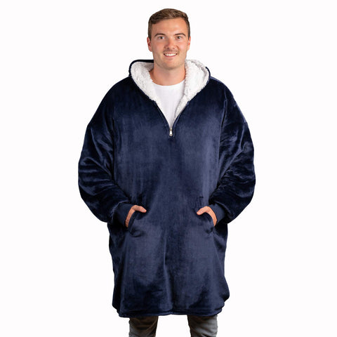 trekki front view of oversized wearable blanket hoodie showing full length and fit