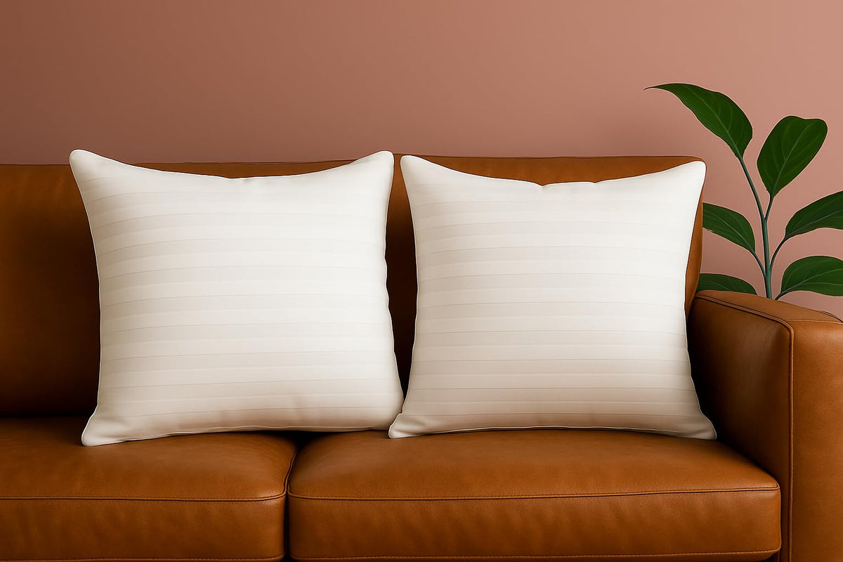 Trendy Home front view of two white 22x22 pillow inserts showing neat packaging and benefit of full support
