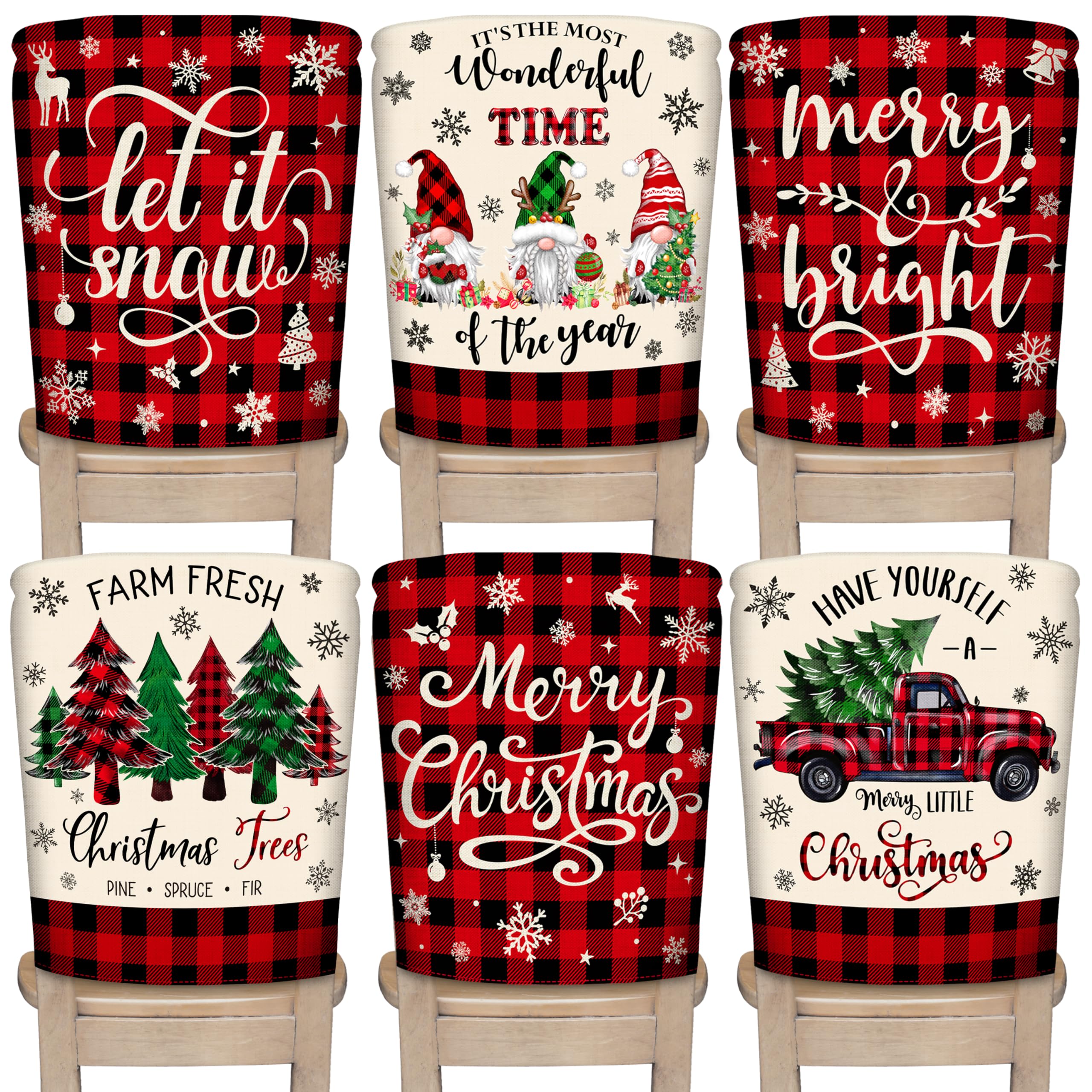 TREWAVE front view of six plaid chair covers creating a festive table