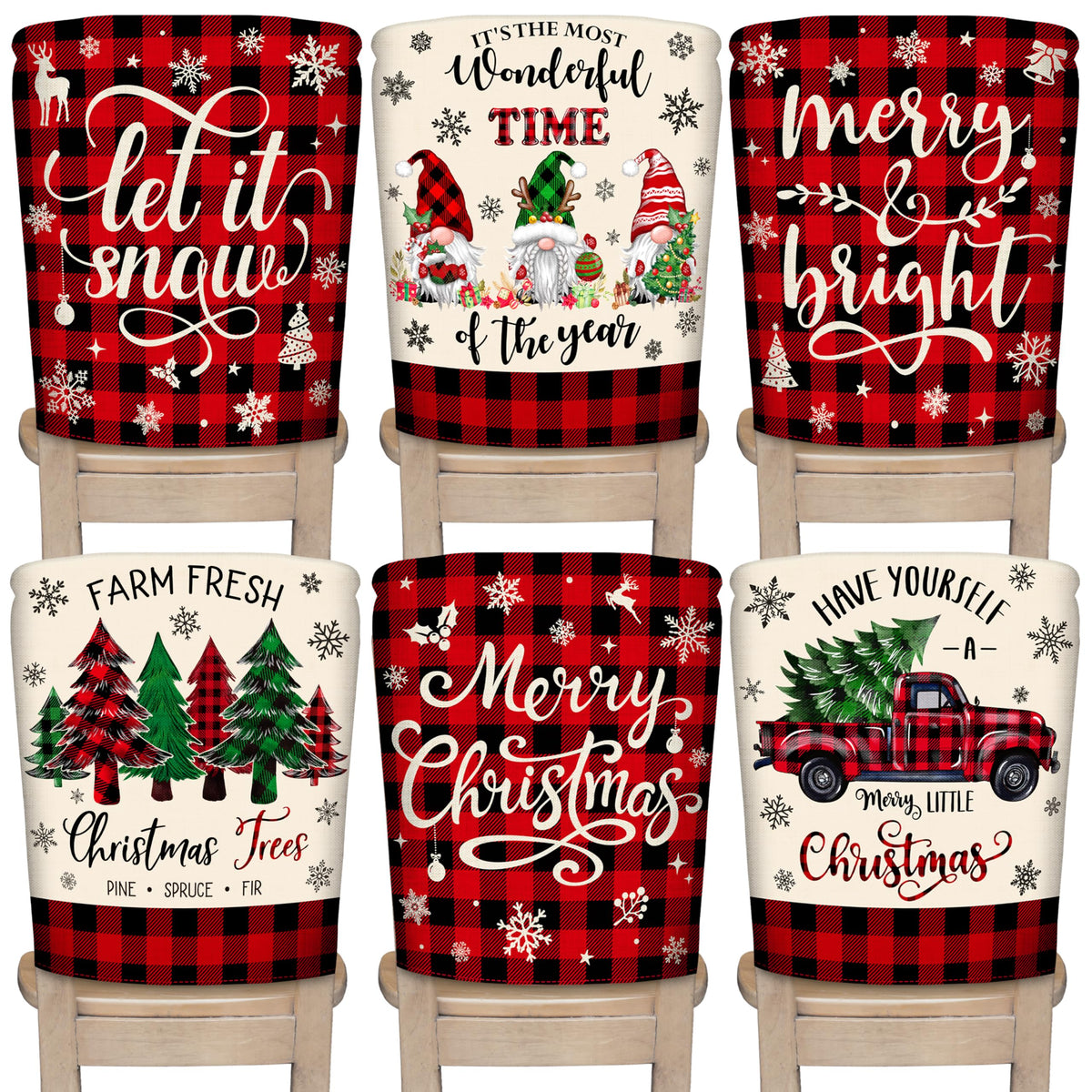 TREWAVE front view of six plaid chair covers creating a festive table