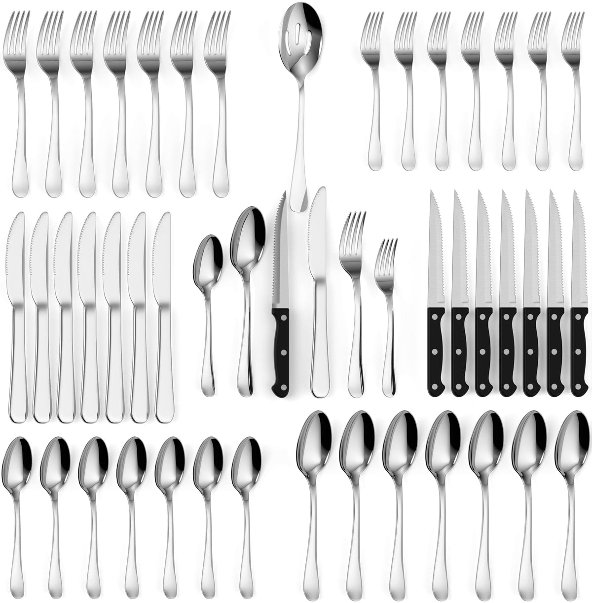 Tribal Cooking front view of 49-piece set showing polished matching pieces for elegant table presentation