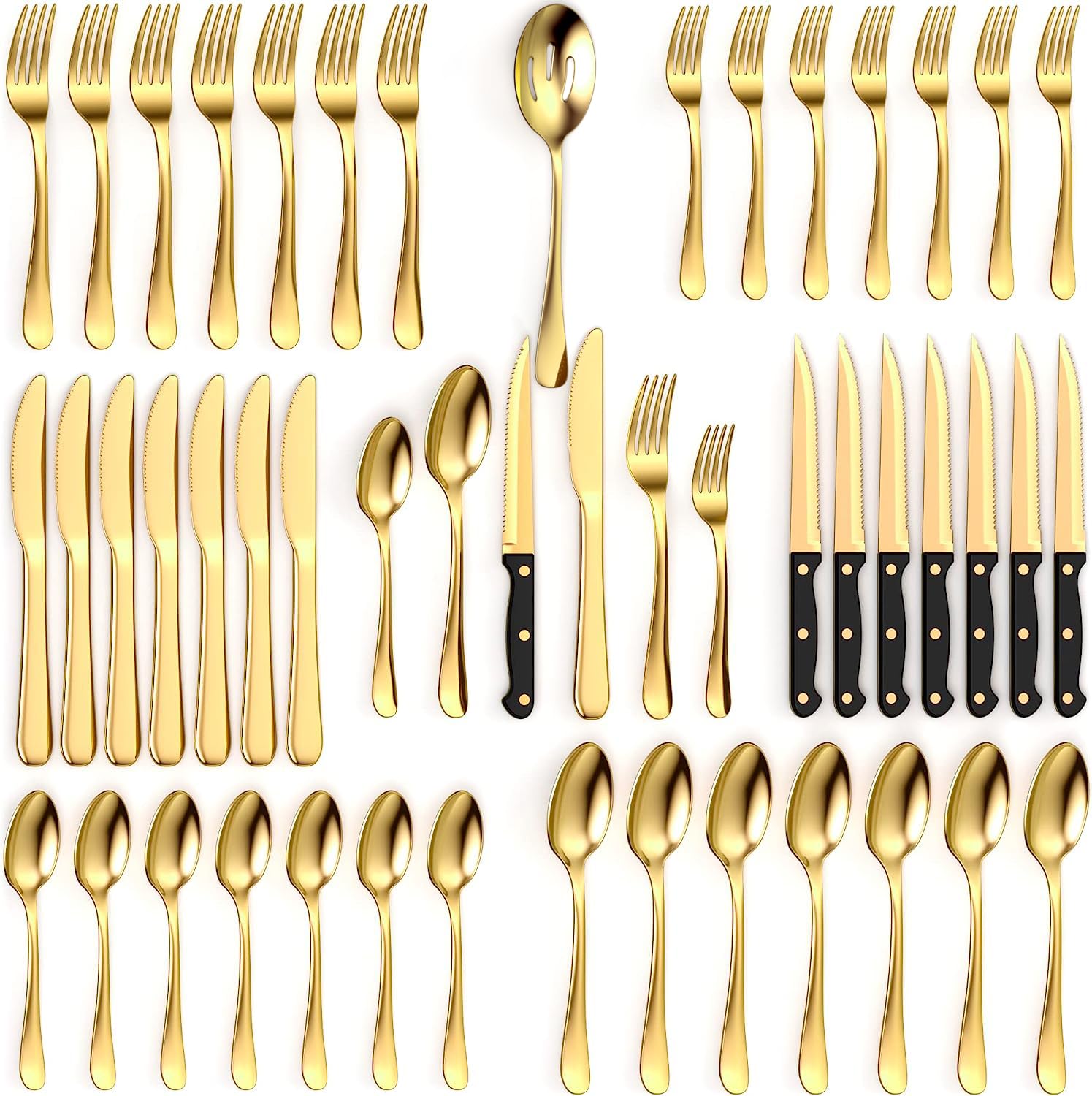 Tribal Cooking front view of full 49-piece set showing coordinated gold finish and elegance