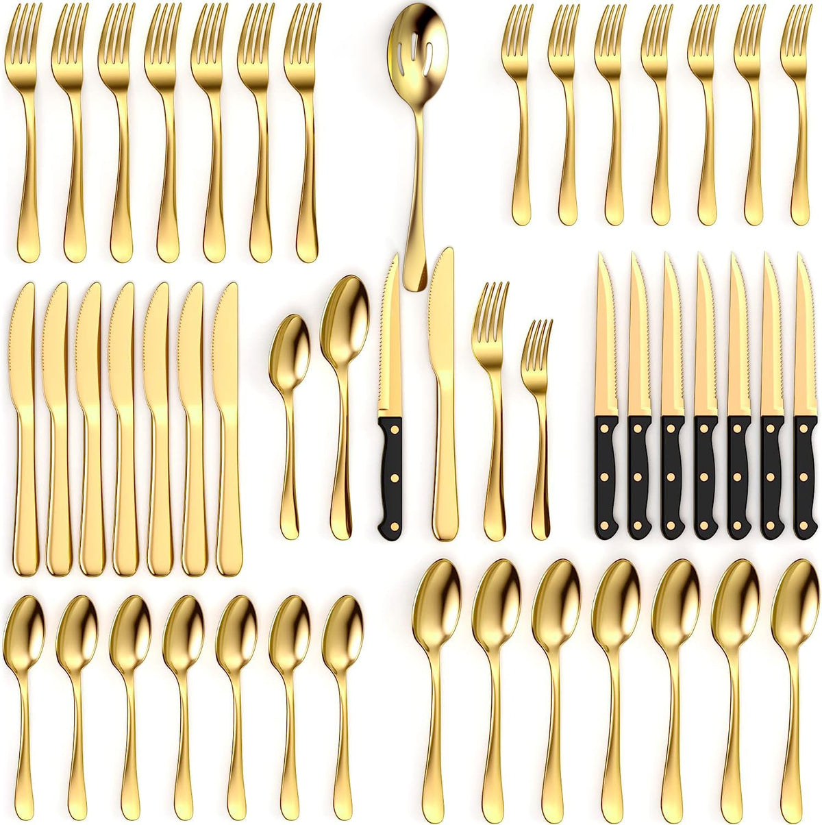 Tribal Cooking front view of full 49-piece set showing coordinated gold finish and elegance
