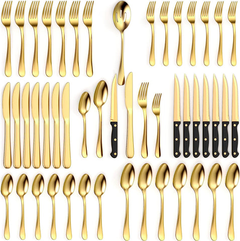 Tribal Cooking front view of full 49-piece set showing coordinated gold finish and elegance