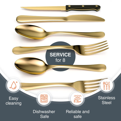 Tribal Cooking plated table setting showing cohesive gold flatware enhancing presentation