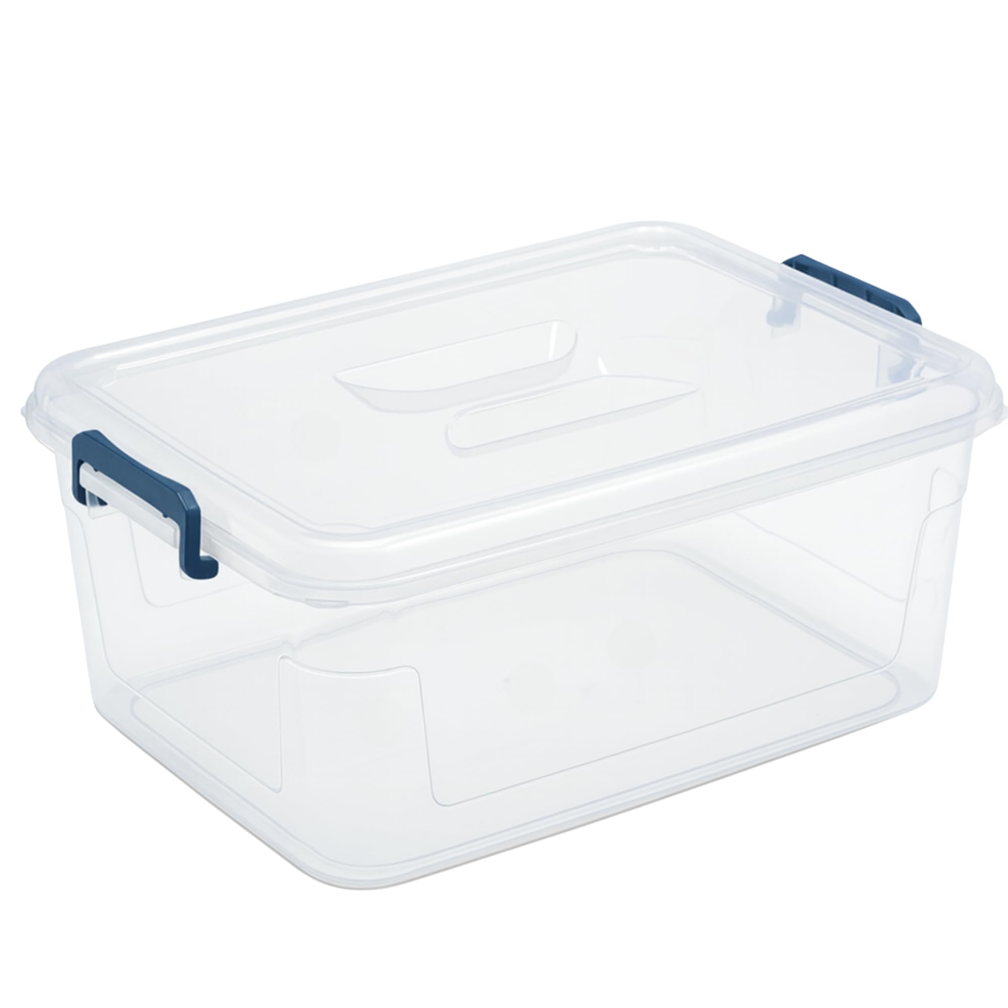 Tribello clear storage bin front view showing transparent body and lid for quick identification