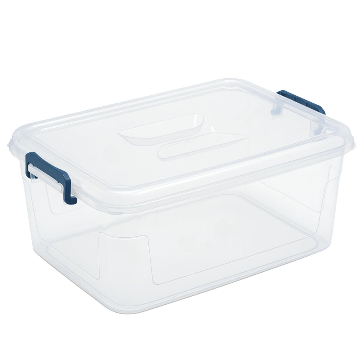Tribello clear storage bin front view showing transparent body and lid for quick identification