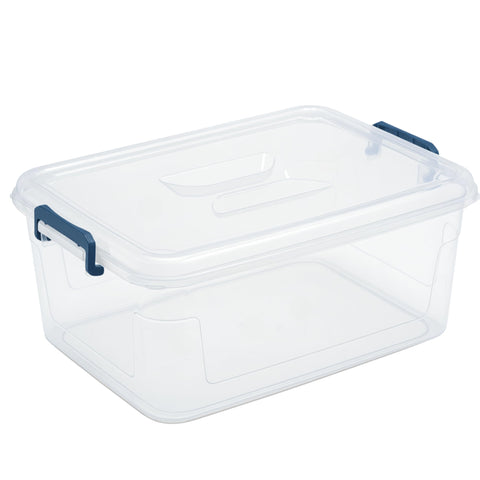Tribello clear storage bin front view showing transparent body and lid for quick identification