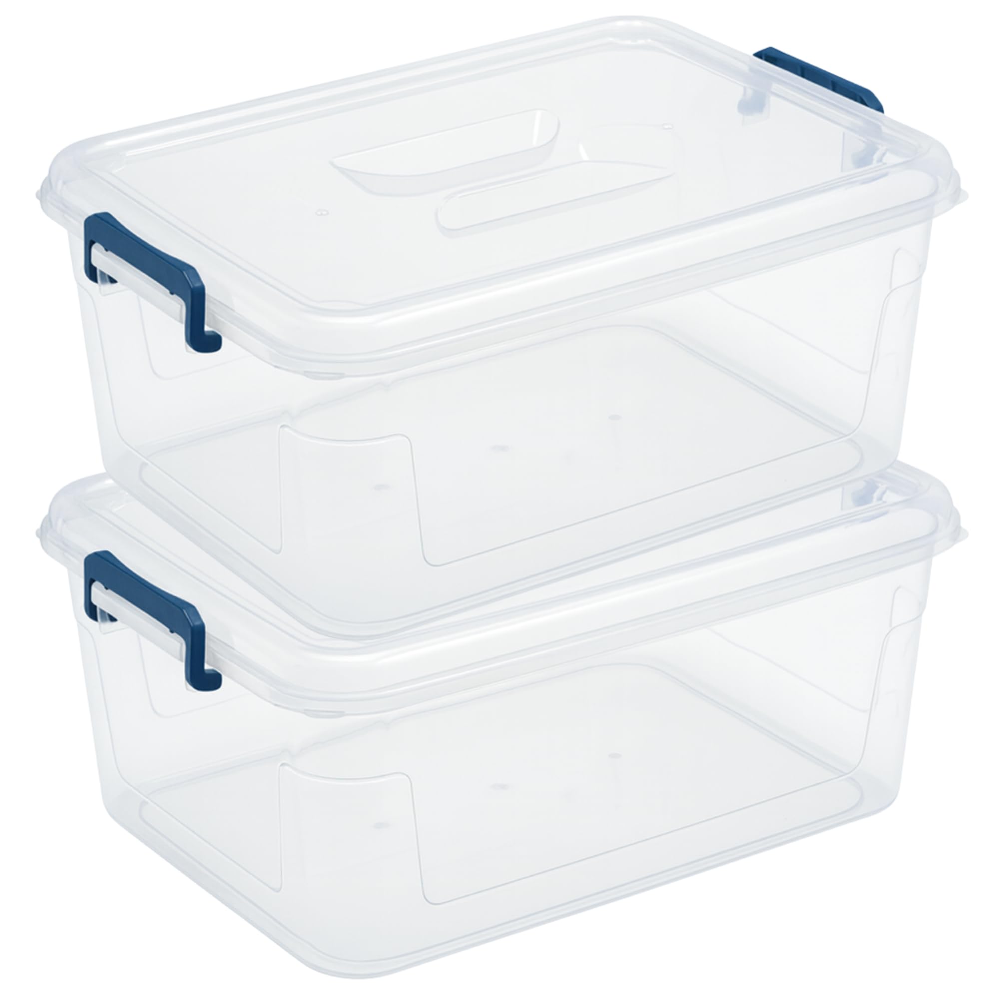 Tribello clear storage bins front view showing lids and stackability for neat organization