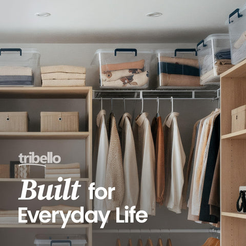 Tribello clear bins arranged on a shelf displaying neat organization and accessibility