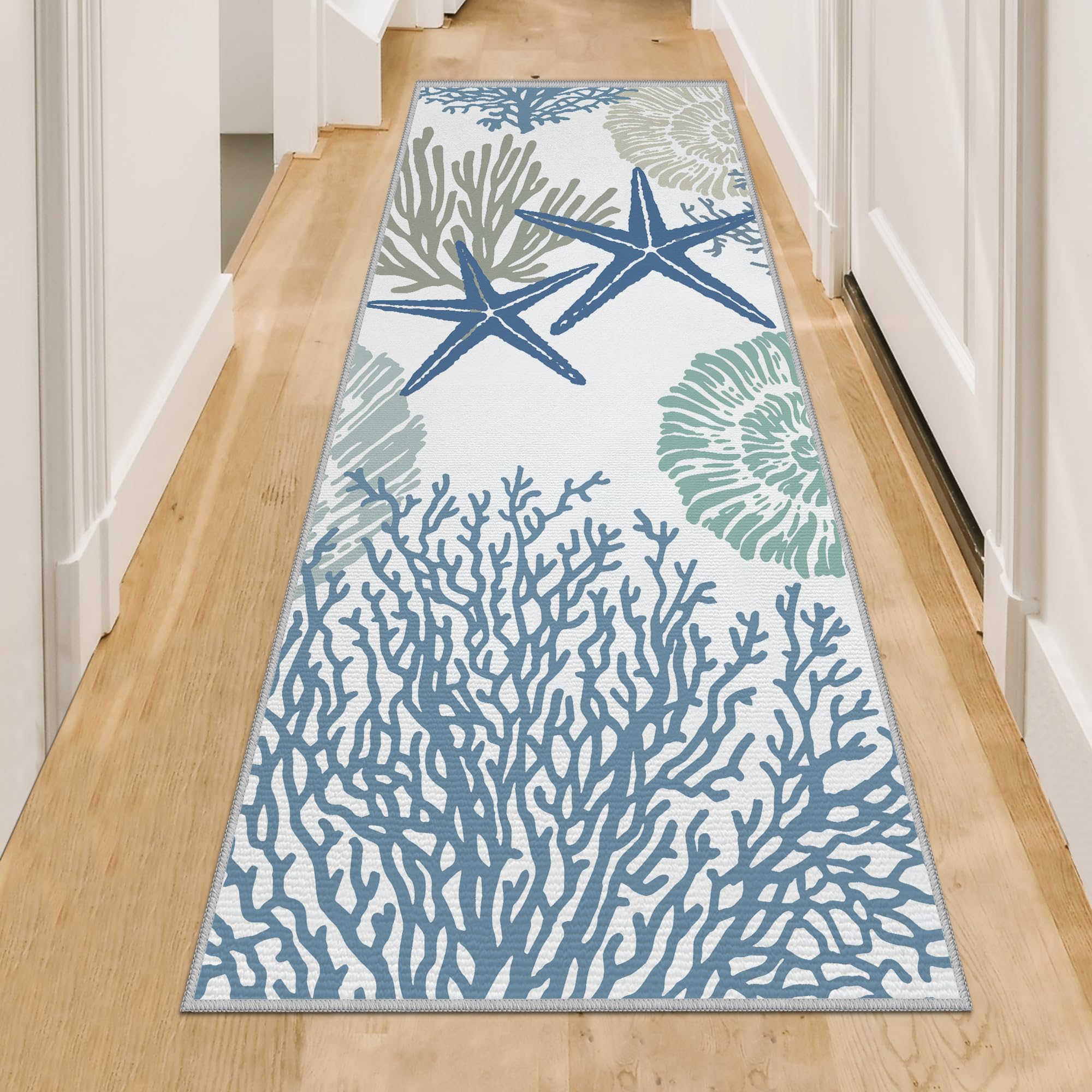 Tritard runner front view showing blue coastal pattern and clean edges benefits visual appeal