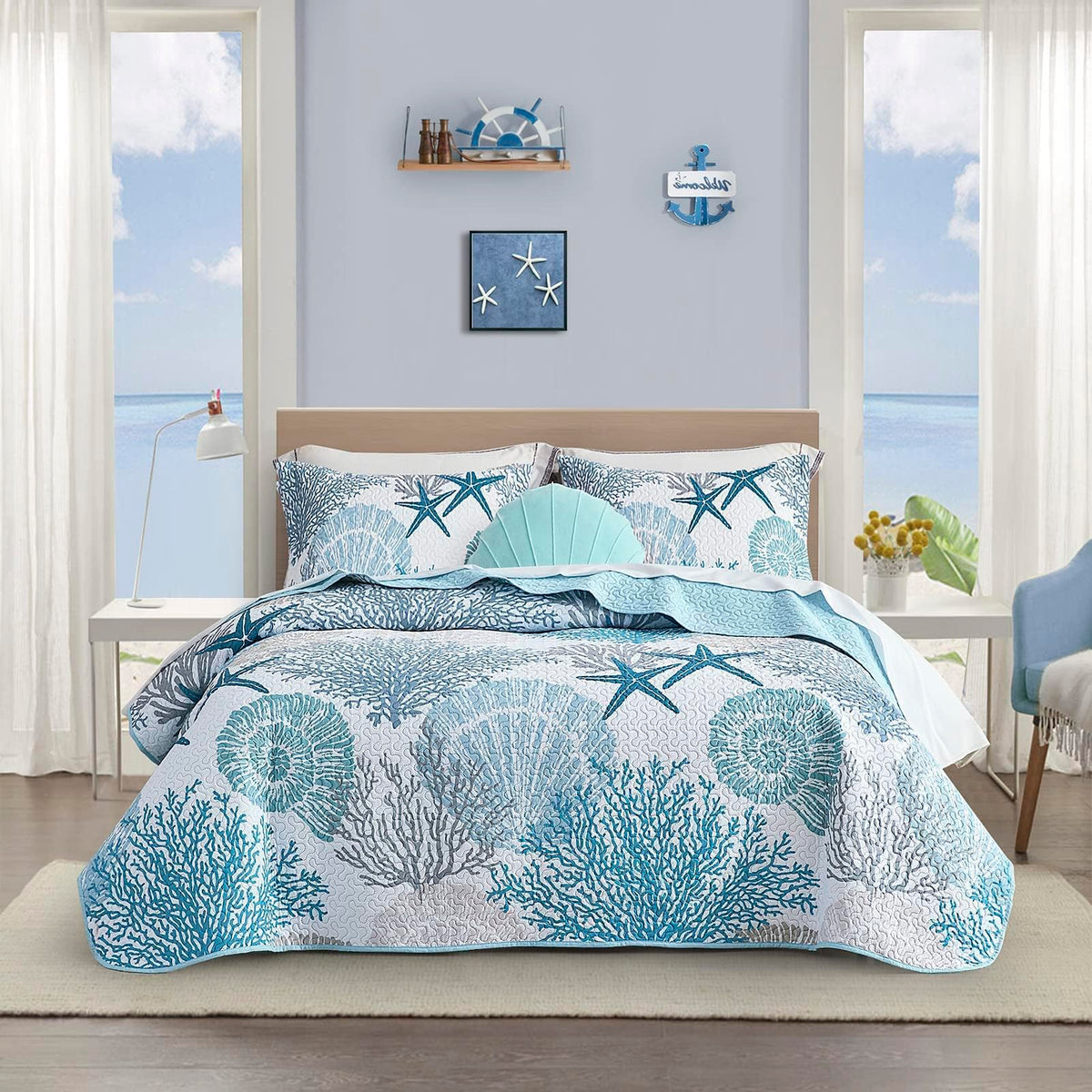 Tritard front view of coastal quilt on California King bed, shows full coverage benefit