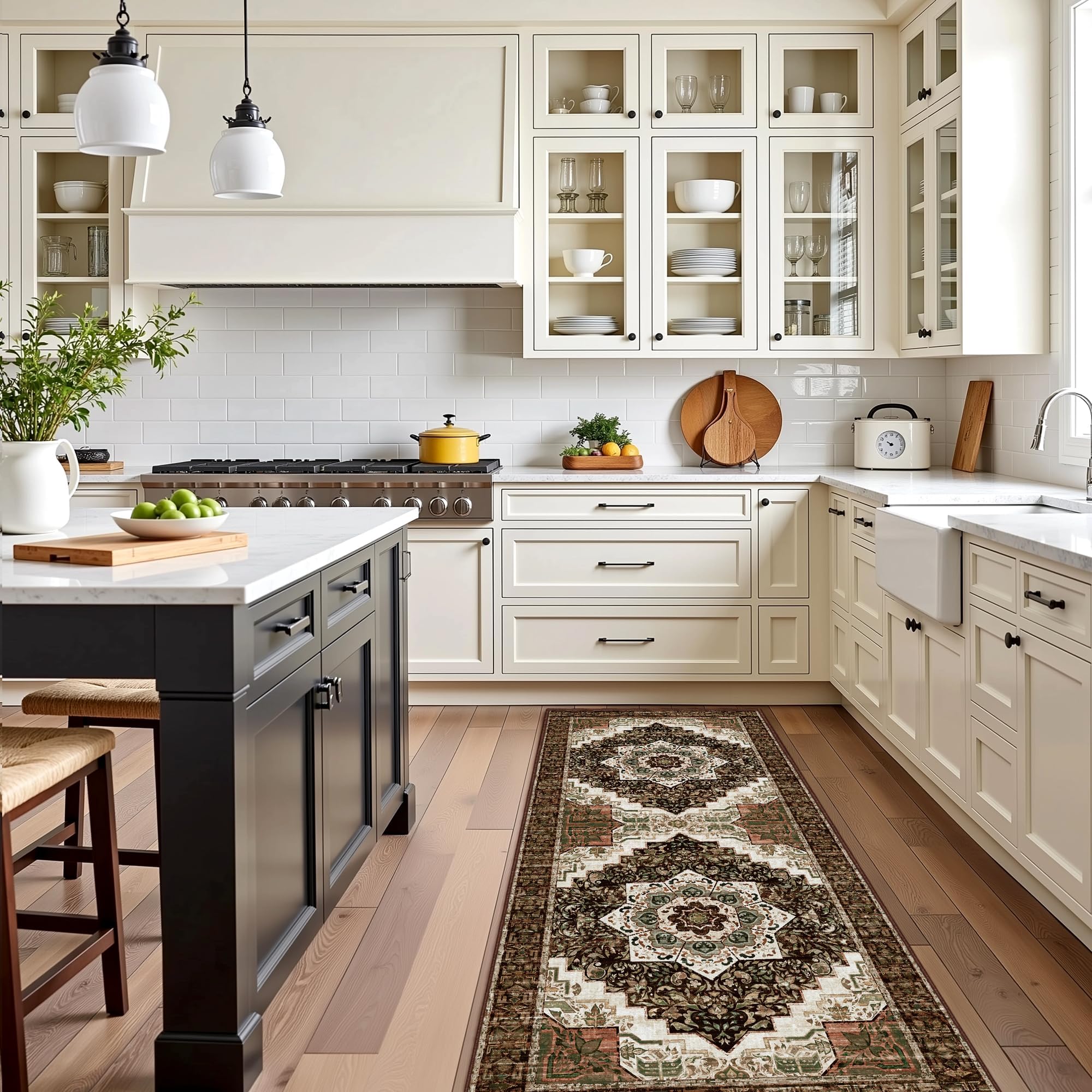 Tritard rugs styled in a modern kitchen conveying cozy boho visual appeal