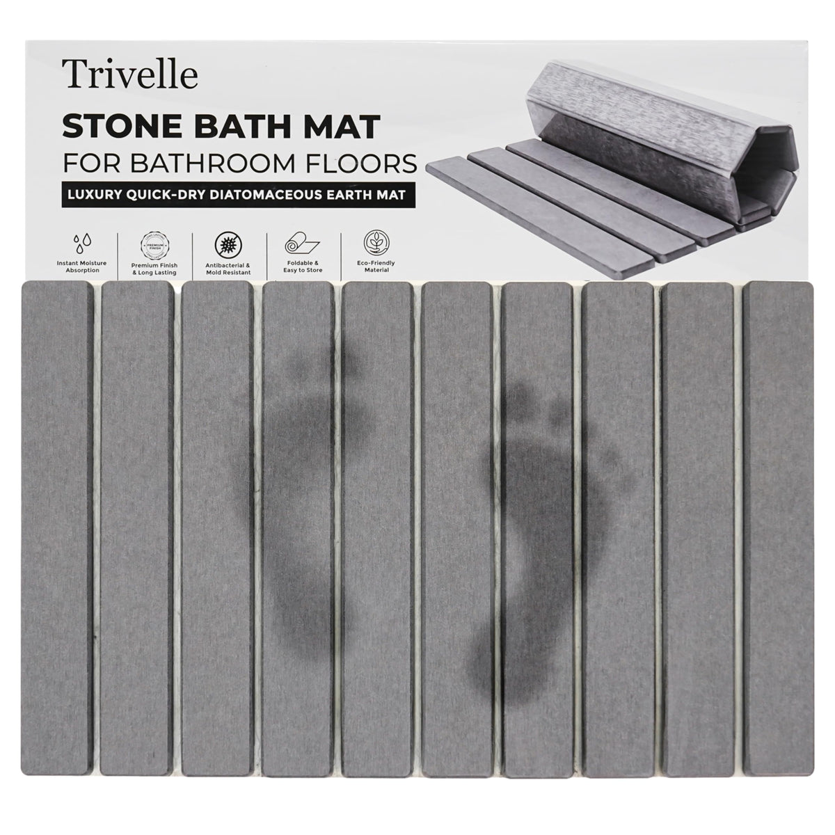 Trivelle front view of extra large stone bath mat, fast dry benefit