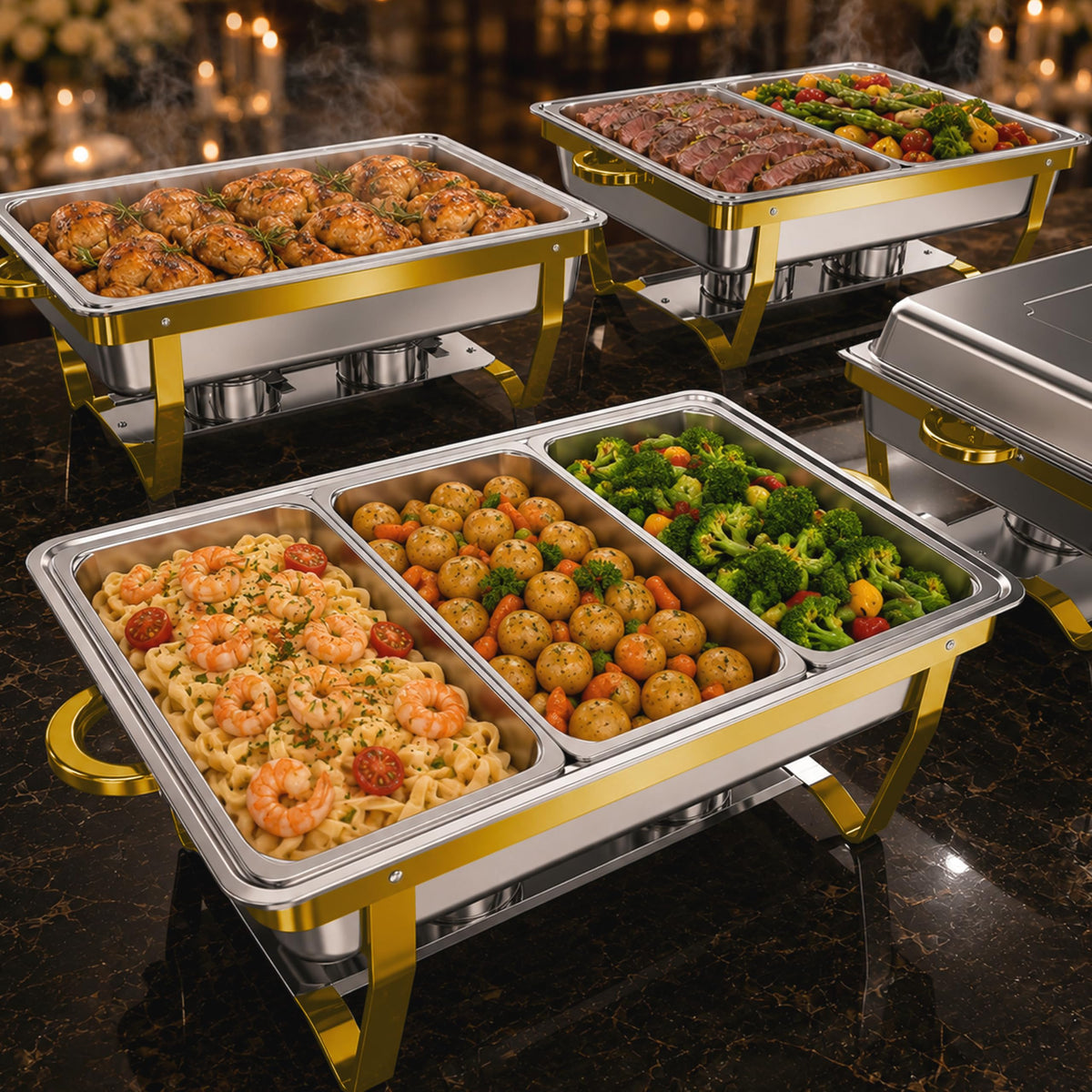 Trivico assembled 4-pack set front view showing full buffet solution benefit