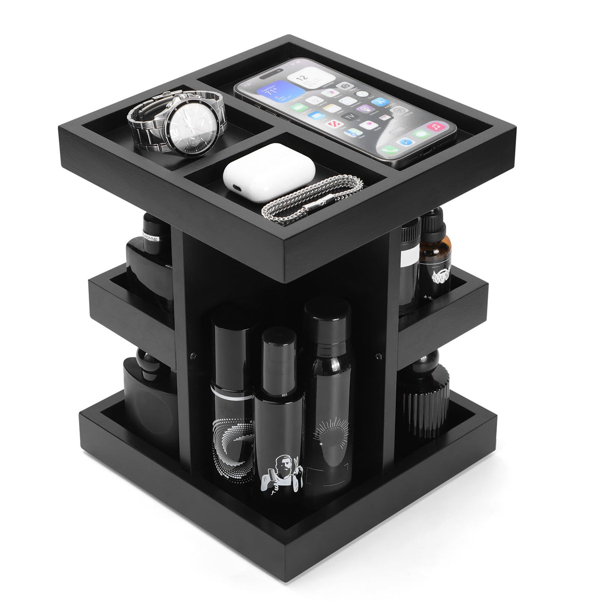 TRQWRO front view showing three-tier organizer and tidy display benefit