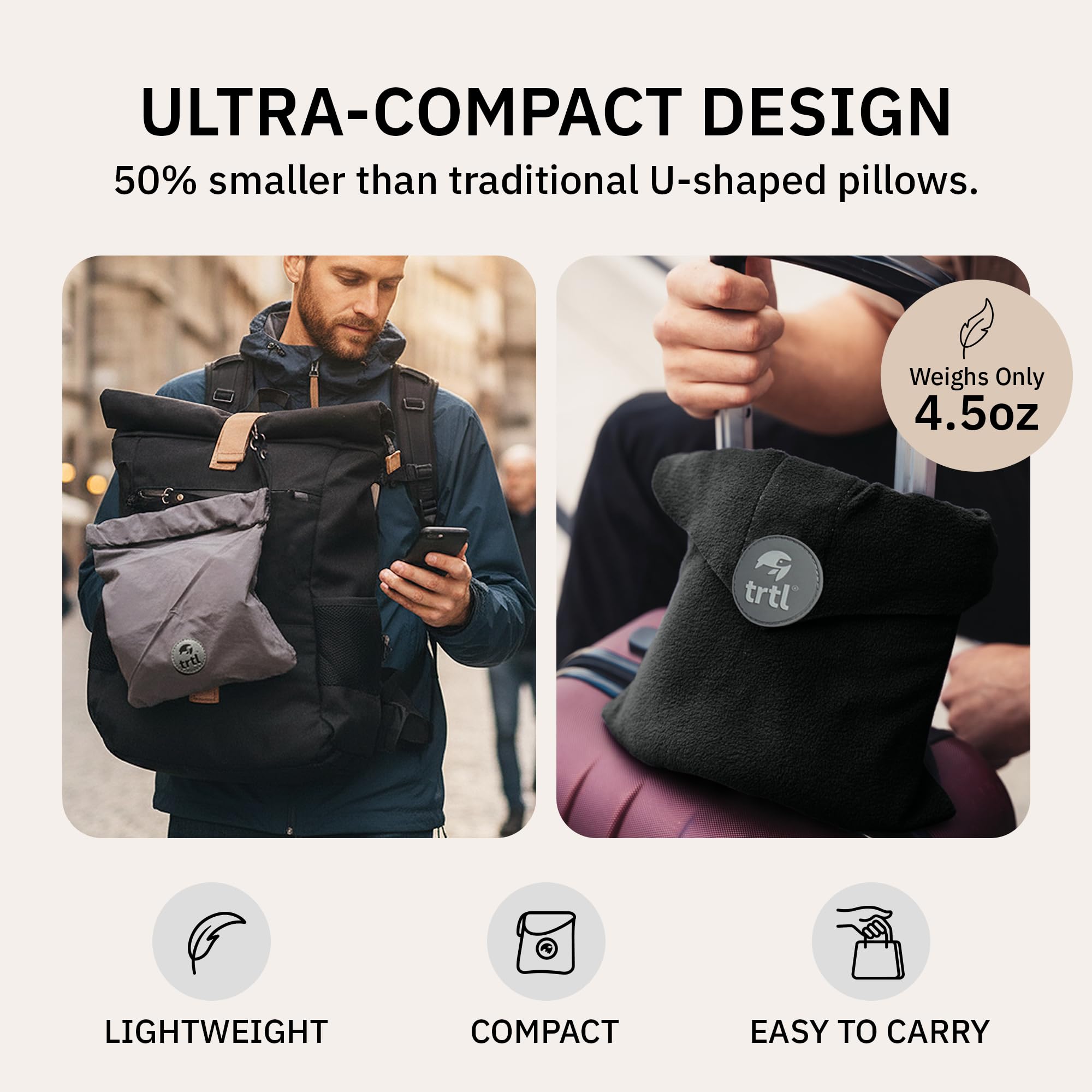 Trtl pillow positioned on airplane seat offering upright sleep support