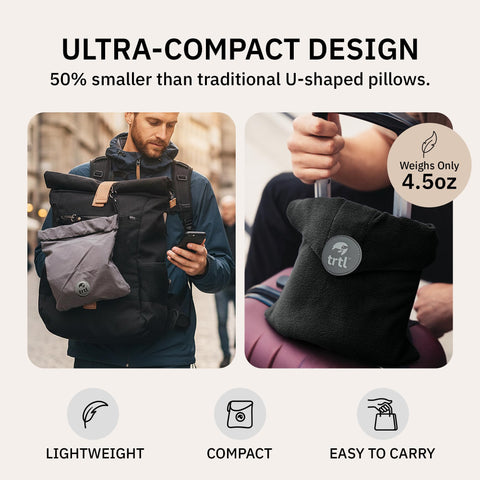 Trtl pillow positioned on airplane seat offering upright sleep support