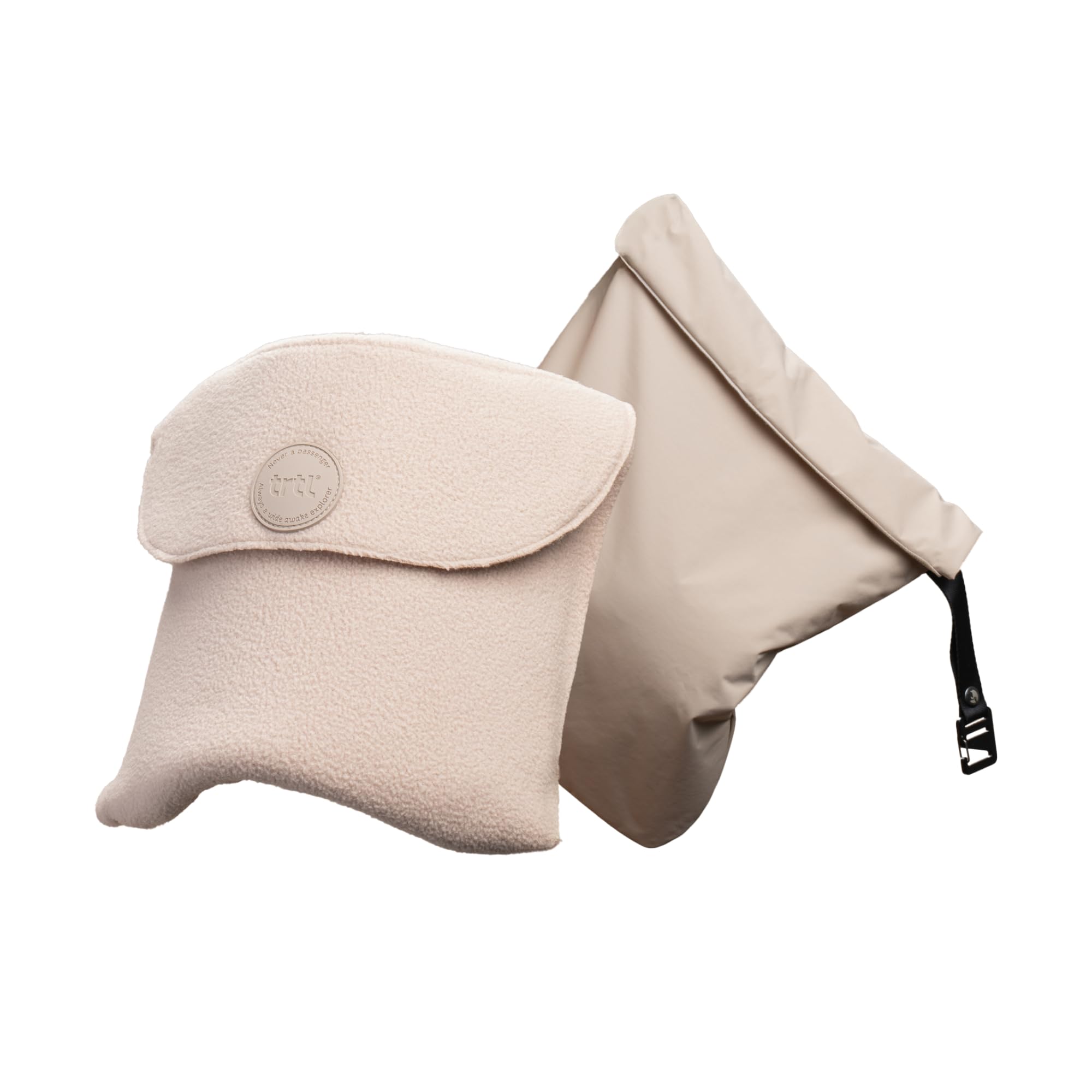 Trtl small pillow front view in sand beige showing compact design and travel-ready support