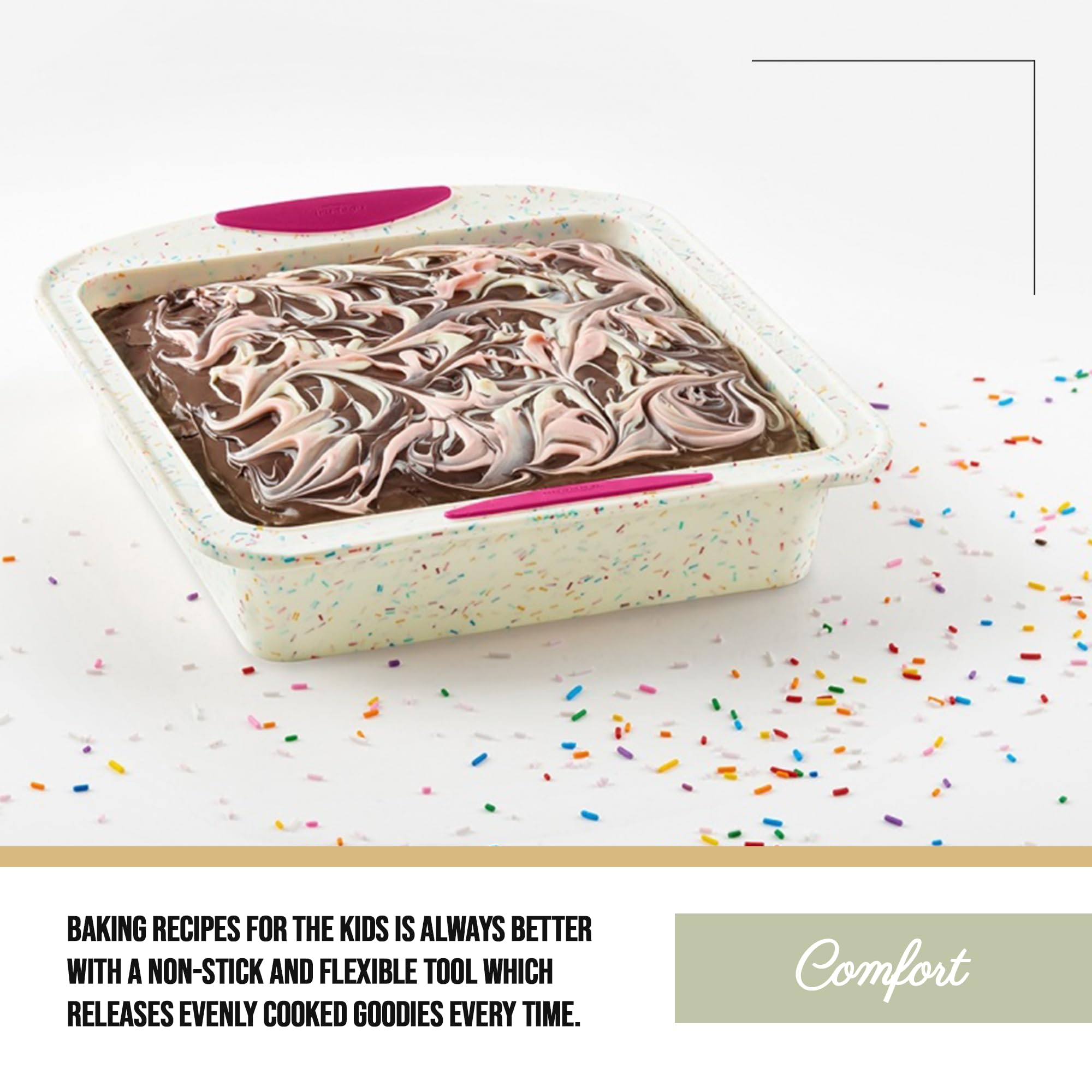 Trudeau Confetti with baked cake in oven demonstrating even heat and golden edges