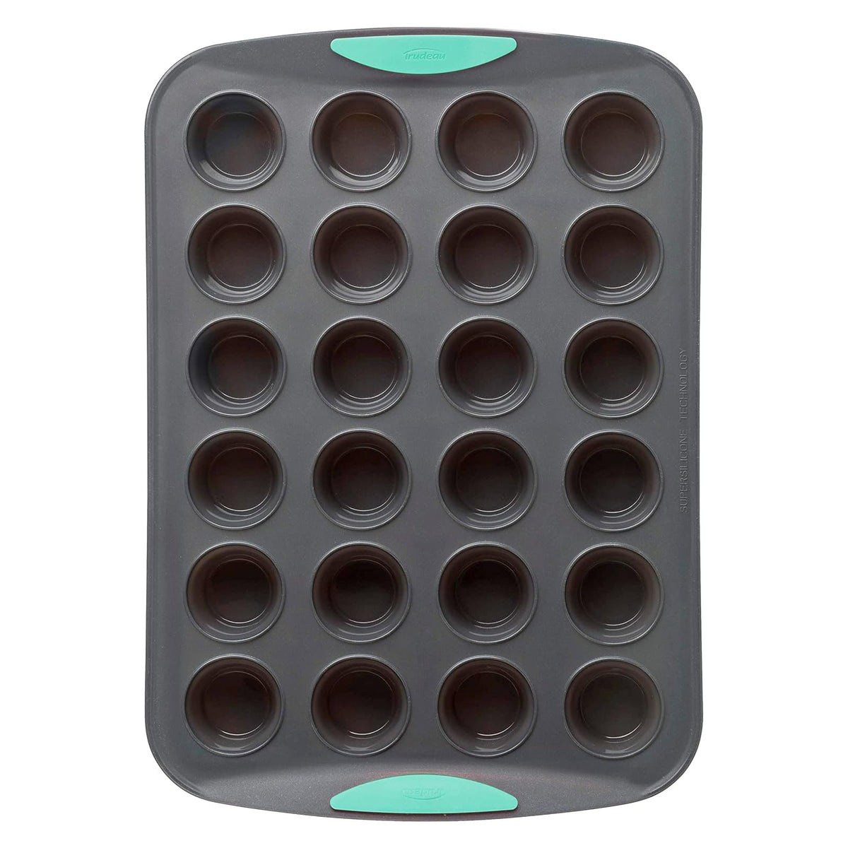 Trudeau front view of 24-cup muffin pan showing neat cavity layout and durable frame benefit