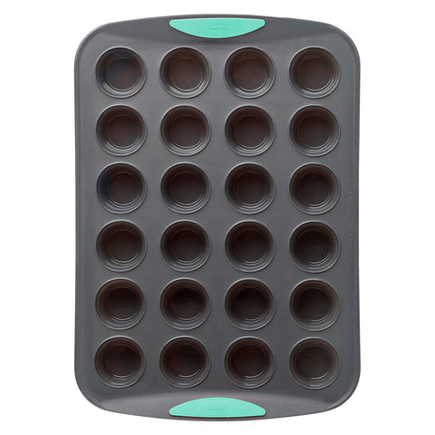 Trudeau front view of 24-cup muffin pan showing neat cavity layout and durable frame benefit