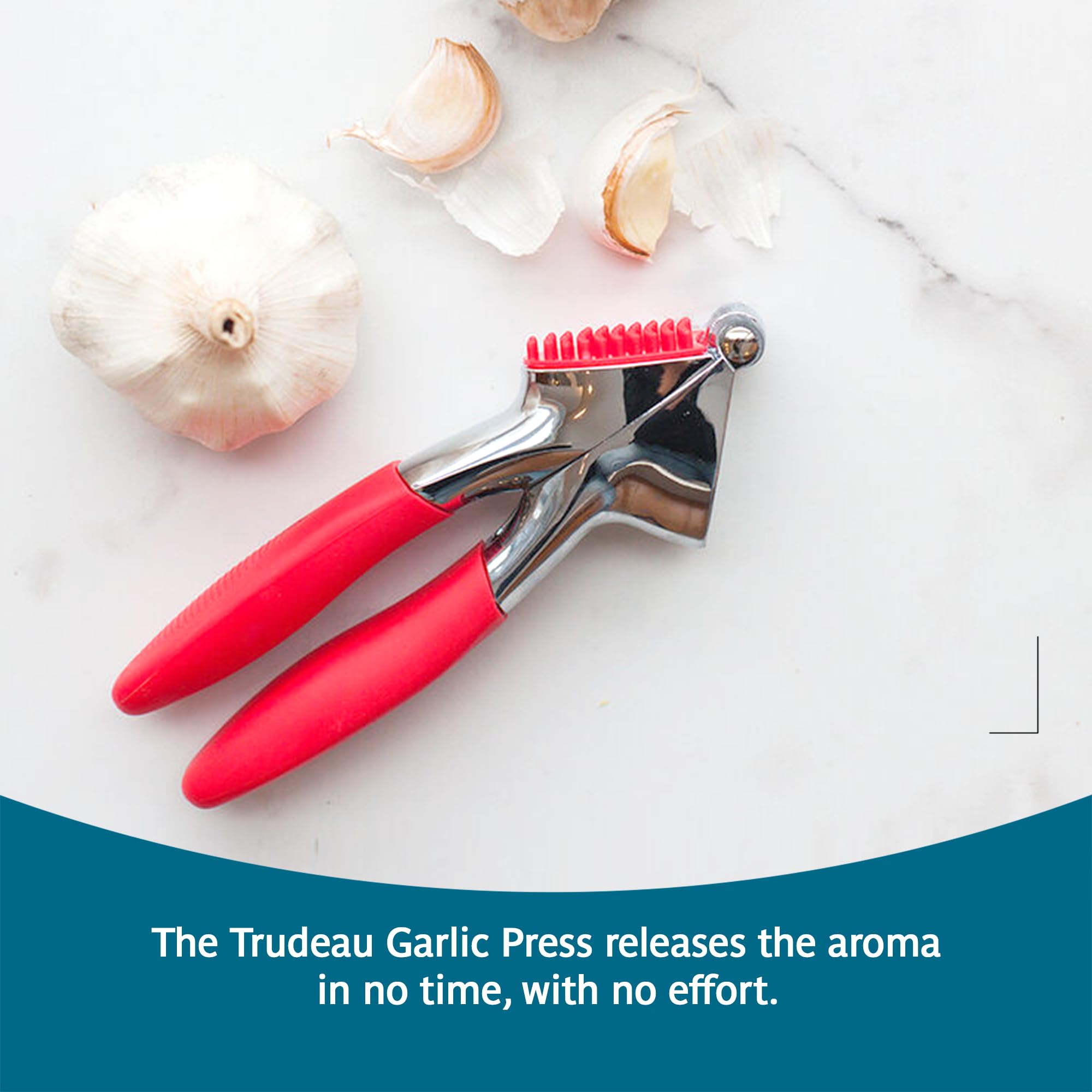Trudeau garlic press handle detail offering ergonomic comfort and grip
