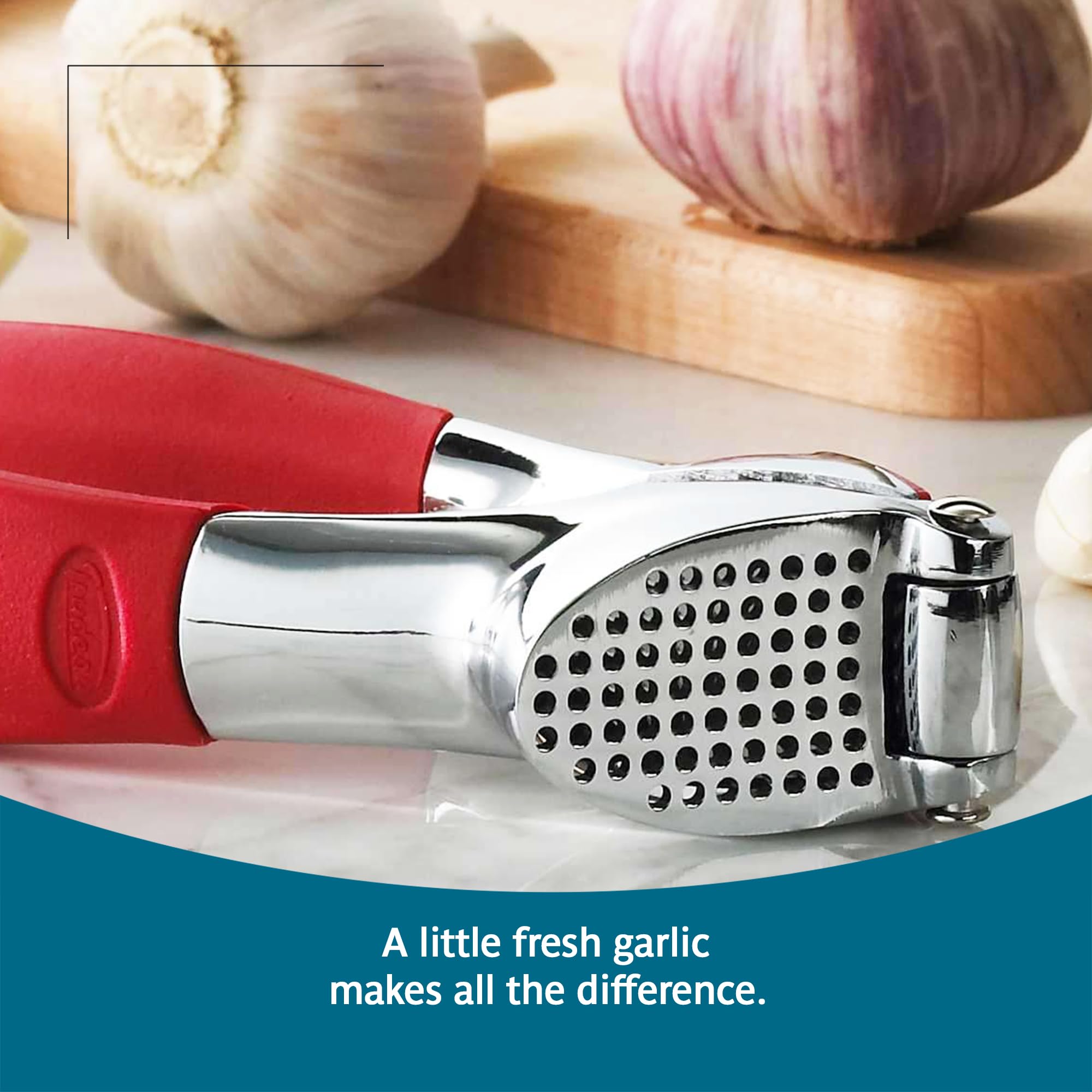 Trudeau garlic press on kitchen counter illustrating stylish functionality