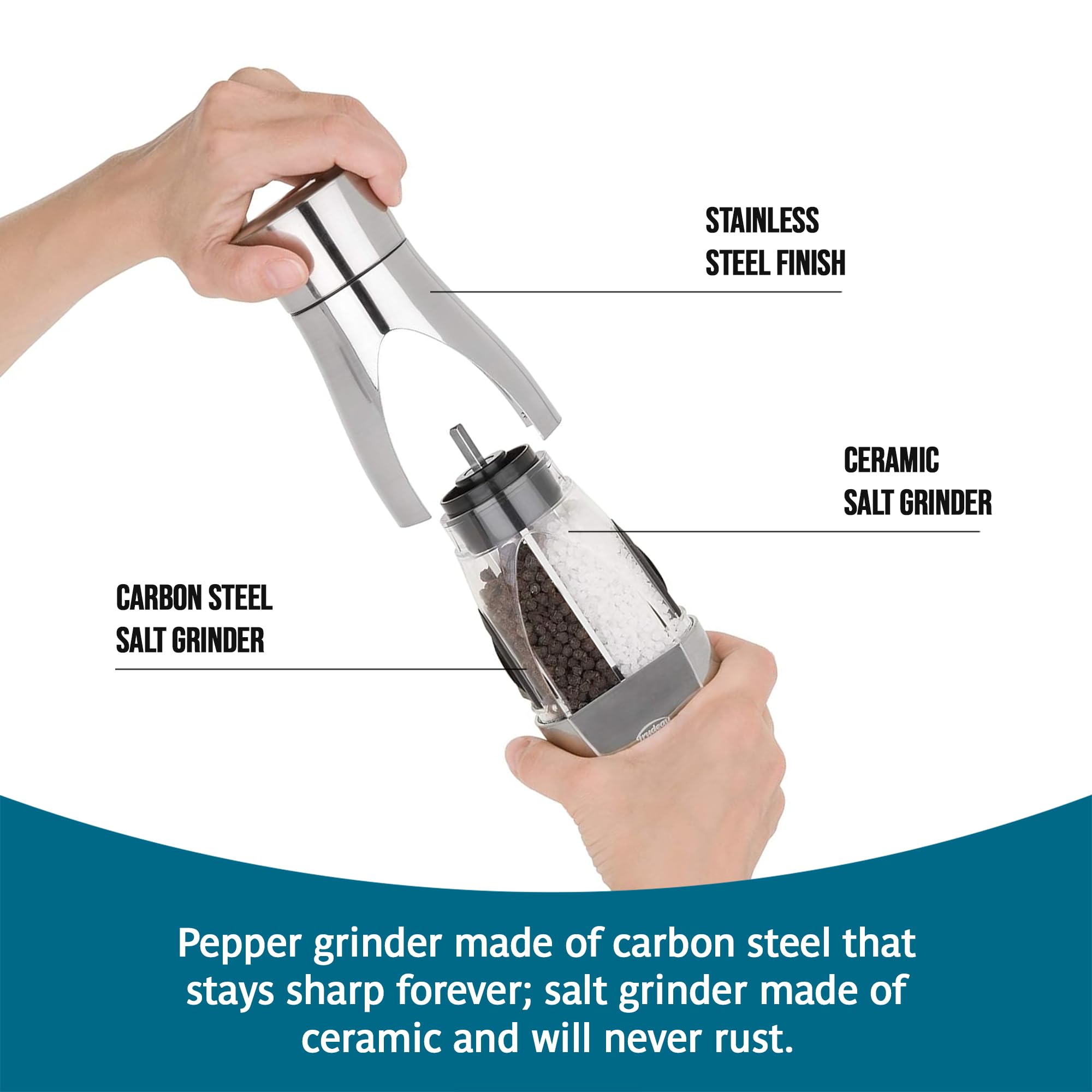 Trudeau ceramic salt mechanism detail resisting rust and preserving flavor